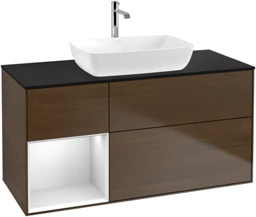 VILLEROY BOCH Toaletní skříňka Finion, s osvětlením, 3 výsuvy, 1200 x 603 x 501 mm, ořechová dýha / bílý matný lak / černé matné sklo #F822MTGN, obrázek 1