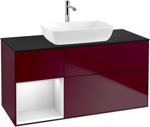 VILLEROY BOCH Toaletní skříňka Finion, s osvětlením, 3 výsuvy, 1200 x 603 x 501 mm, matný lak Peony / bílý matný lak / černé matné sklo #F822MTHB, obrázek 1