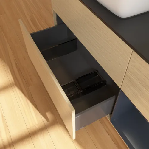 VILLEROY BOCH Toaletní skříňka Finion, s osvětlením, 3 výsuvy, 1200 x 603 x 501 mm, dubová dýha / půlnočně modrý matný lak / černé matné sklo #F812HGPC, obrázek 7