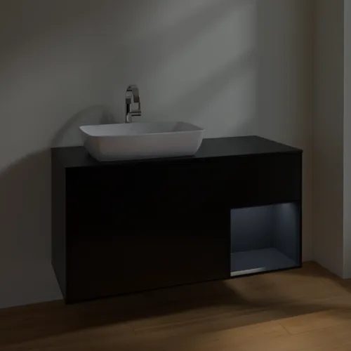 VILLEROY BOCH Toaletní skříňka Finion, s osvětlením, 3 výsuvy, 1200 x 603 x 501 mm, černý matný lak / půlnoční modrý matný lak / černé matné sklo #F812HGPD, obrázek 5