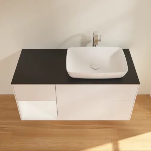 VILLEROY BOCH Toaletní skříňka Finion, s osvětlením, 3 výsuvy, 1200 x 603 x 501 mm, bílý matný lak / bílý matný lak / černé matné sklo #F802MTMT, obrázek 4