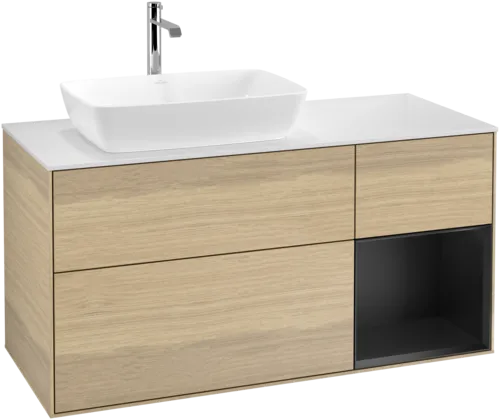 VILLEROY BOCH Toaletní skříňka Finion, s osvětlením, 3 výsuvy, 1200 x 603 x 501 mm, dubová dýha / černý matný lak / bílé matné sklo #F811PDPC, obrázek 1