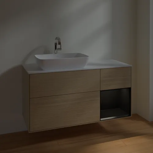 VILLEROY BOCH Toaletní skříňka Finion, s osvětlením, 3 výsuvy, 1200 x 603 x 501 mm, dubová dýha / černý matný lak / bílé matné sklo #F811PDPC, obrázek 5