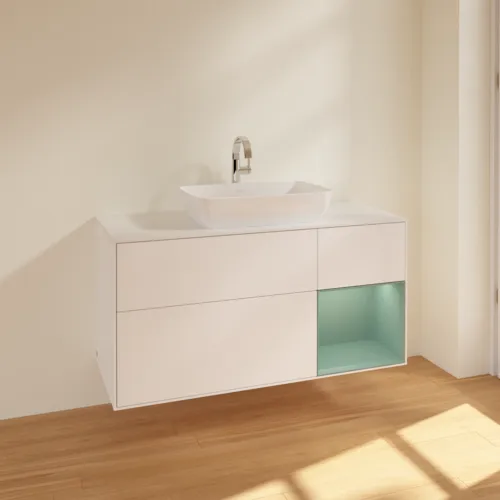 VILLEROY BOCH Toaletní skříňka Finion, s osvětlením, 3 výsuvy, 1200 x 603 x 501 mm, bílý matný lak / olivový matný lak / sklo bílé matné #F831GMMT, obrázek 2