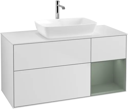 VILLEROY BOCH Toaletní skříňka Finion, s osvětlením, 3 výsuvy, 1200 x 603 x 501 mm, bílý matný lak / olivový matný lak / sklo bílé matné #F831GMMT, obrázek 1