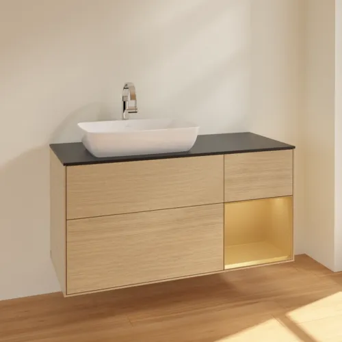 VILLEROY BOCH Toaletní skříňka Finion, s osvětlením, 3 výsuvy, 1200 x 603 x 501 mm, dubová dýha / zlatý matný lak / černé matné sklo #F812HFPC, obrázek 2