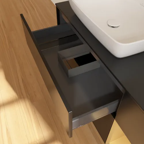 VILLEROY BOCH Toaletní skříňka Finion, s osvětlením, 3 výsuvy, 1200 x 603 x 501 mm, černý matný lak / zlatý matný lak / černé matné sklo #F812HFPD, obrázek 8