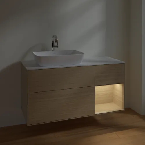 VILLEROY BOCH Toaletní skříňka Finion, s osvětlením, 3 výsuvy, 1200 x 603 x 501 mm, dubová dýha / dubová dýha / sklo bílé matné #F811PCPC, obrázek 5