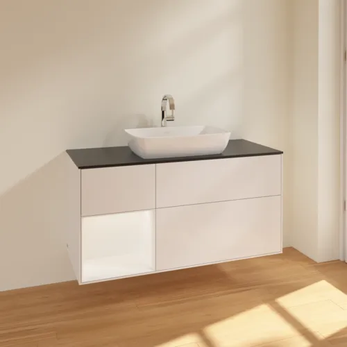 VILLEROY BOCH Toaletní skříňka Finion, s osvětlením, 3 výsuvy, 1200 x 603 x 501 mm, lesklý bílý lak / bílý matný lak / sklo černé matné #F822MTGF, obrázek 2