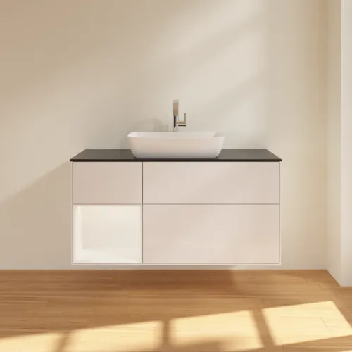 VILLEROY BOCH Toaletní skříňka Finion, s osvětlením, 3 výsuvy, 1200 x 603 x 501 mm, lesklý bílý lak / bílý matný lak / sklo černé matné #F822MTGF, obrázek 3