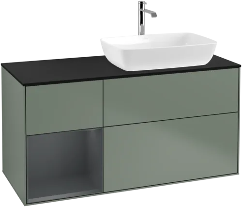 VILLEROY BOCH Toaletní skříňka Finion, s osvětlením, 3 výsuvy, 1200 x 603 x 501 mm, olivový matný lak / půlnoční modrý matný lak / černé matné sklo #F802HGGM, obrázek 1
