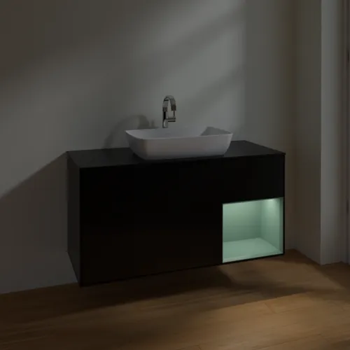 VILLEROY BOCH Toaletní skříňka Finion, s osvětlením, 3 výsuvy, 1200 x 603 x 501 mm, černý matný lak / olivový matný lak / černé matné sklo #F832GMPD, obrázek 5