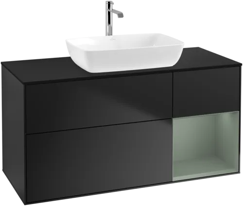 VILLEROY BOCH Toaletní skříňka Finion, s osvětlením, 3 výsuvy, 1200 x 603 x 501 mm, černý matný lak / olivový matný lak / černé matné sklo #F832GMPD