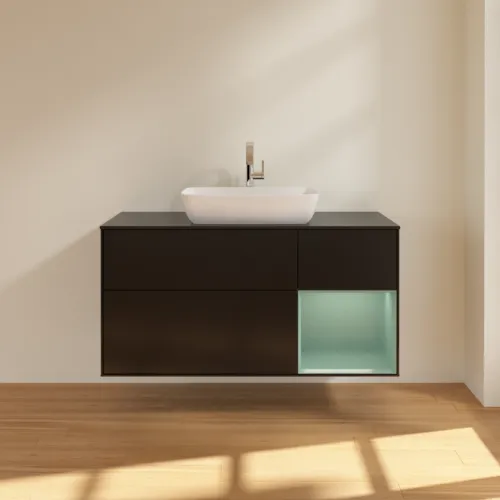 VILLEROY BOCH Toaletní skříňka Finion, s osvětlením, 3 výsuvy, 1200 x 603 x 501 mm, černý matný lak / olivový matný lak / černé matné sklo #F832GMPD, obrázek 3