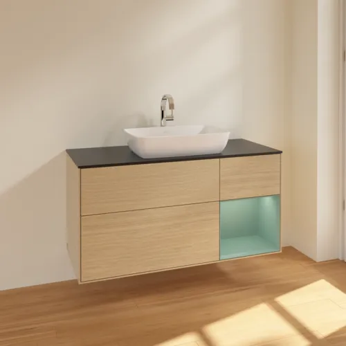 VILLEROY BOCH Toaletní skříňka Finion, s osvětlením, 3 výsuvy, 1200 x 603 x 501 mm, dubová dýha / olivově matný lak / sklo černé matné #F832GMPC, obrázek 2