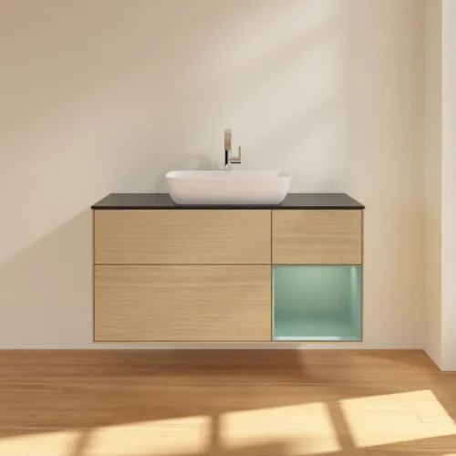 VILLEROY BOCH Toaletní skříňka Finion, s osvětlením, 3 výsuvy, 1200 x 603 x 501 mm, dubová dýha / olivově matný lak / sklo černé matné #F832GMPC, obrázek 3
