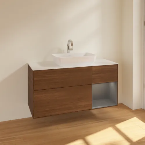 VILLEROY BOCH Toaletní skříňka Finion, s osvětlením, 3 výsuvy, 1200 x 603 x 501 mm, ořechová dýha / antracitový matný lak / bílé matné sklo #F831GKGN, obrázek 2