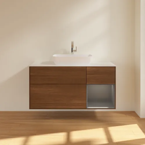 VILLEROY BOCH Toaletní skříňka Finion, s osvětlením, 3 výsuvy, 1200 x 603 x 501 mm, ořechová dýha / antracitový matný lak / bílé matné sklo #F831GKGN, obrázek 3
