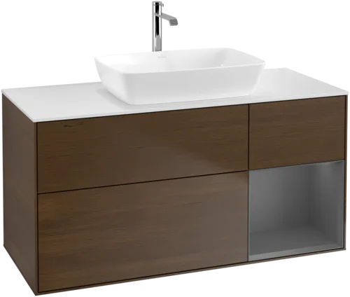 VILLEROY BOCH Toaletní skříňka Finion, s osvětlením, 3 výsuvy, 1200 x 603 x 501 mm, ořechová dýha / antracitový matný lak / bílé matné sklo #F831GKGN, obrázek 1