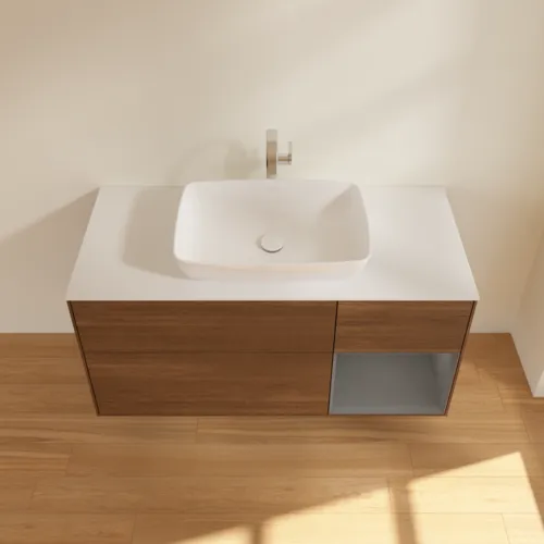 VILLEROY BOCH Toaletní skříňka Finion, s osvětlením, 3 výsuvy, 1200 x 603 x 501 mm, ořechová dýha / antracitový matný lak / bílé matné sklo #F831GKGN, obrázek 4