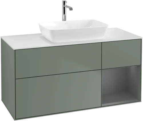 VILLEROY BOCH Toaletní skříňka Finion, s osvětlením, 3 výsuvy, 1200 x 603 x 501 mm, olivový matný lak / antracitový matný lak / bílé matné sklo #F831GKGM, obrázek 1