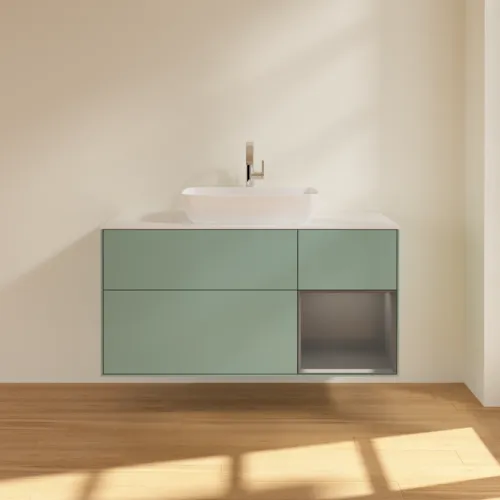 VILLEROY BOCH Toaletní skříňka Finion, s osvětlením, 3 výsuvy, 1200 x 603 x 501 mm, olivový matný lak / antracitový matný lak / bílé matné sklo #F831GKGM, obrázek 3