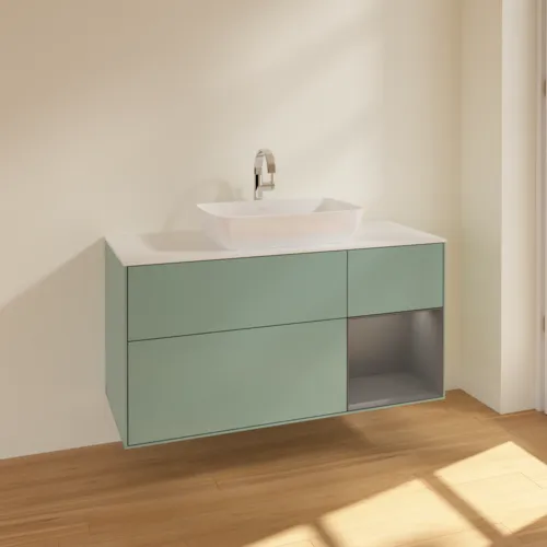 VILLEROY BOCH Toaletní skříňka Finion, s osvětlením, 3 výsuvy, 1200 x 603 x 501 mm, olivový matný lak / antracitový matný lak / bílé matné sklo #F831GKGM, obrázek 2
