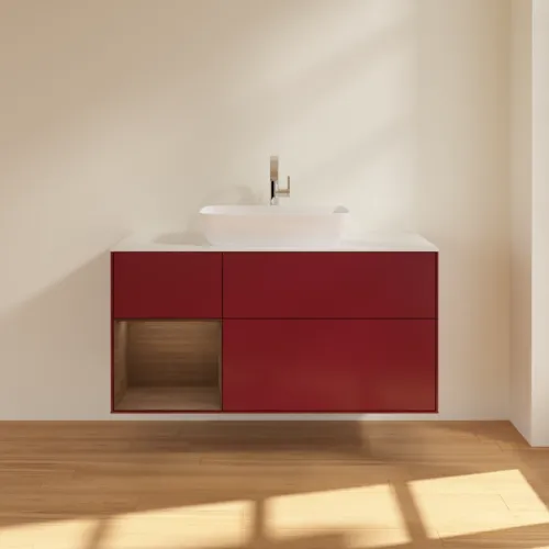 VILLEROY BOCH Toaletní skříňka Finion, s osvětlením, 3 výsuvy, 1200 x 603 x 501 mm, matný lak Peony / ořechová dýha / bílé matné sklo #F821GNHB, obrázek 3