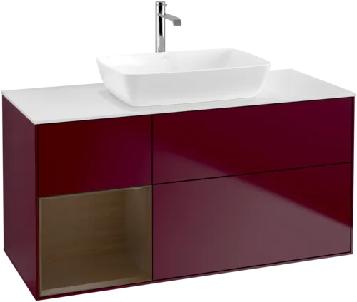 VILLEROY BOCH Toaletní skříňka Finion, s osvětlením, 3 výsuvy, 1200 x 603 x 501 mm, matný lak Peony / ořechová dýha / bílé matné sklo #F821GNHB, obrázek 1