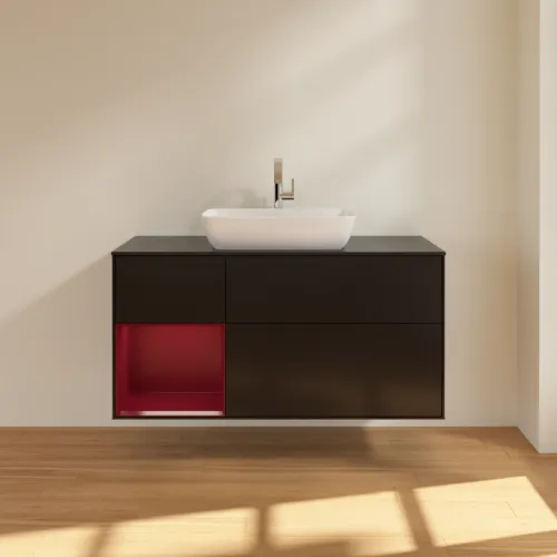 VILLEROY BOCH Toaletní skříňka Finion, s osvětlením, 3 výsuvy, 1200 x 603 x 501 mm, černý matný lak / pivoňkový matný lak / černé matné sklo #F822HBPD, obrázek 3
