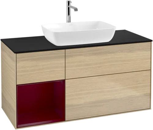 VILLEROY BOCH Toaletní skříňka Finion, s osvětlením, 3 výsuvy, 1200 x 603 x 501 mm, dubová dýha / matný lak Pivoňka / matné černé sklo #F822HBPC