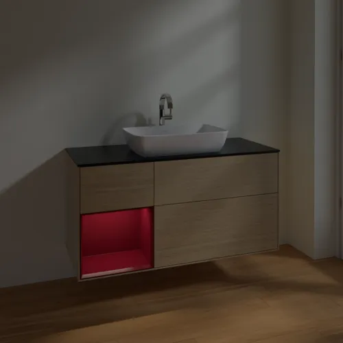 VILLEROY BOCH Toaletní skříňka Finion, s osvětlením, 3 výsuvy, 1200 x 603 x 501 mm, dubová dýha / matný lak Pivoňka / matné černé sklo #F822HBPC, obrázek 5