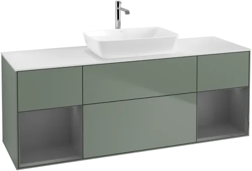 VILLEROY BOCH Toaletní skříňka Finion, s osvětlením, 4 výsuvy, 1600 x 603 x 501 mm, olivový matný lak / antracitový matný lak / bílé matné sklo #F861GKGM