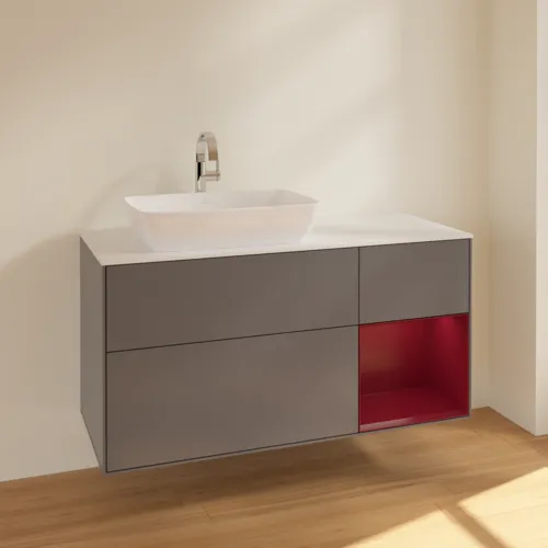 VILLEROY BOCH Toaletní skříňka Finion, s osvětlením, 3 výsuvy, 1200 x 603 x 501 mm, antracitový matný lak / pivoňkový matný lak / bílé matné sklo #F811HBGK, obrázek 2