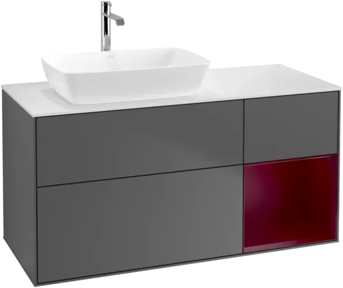 VILLEROY BOCH Toaletní skříňka Finion, s osvětlením, 3 výsuvy, 1200 x 603 x 501 mm, antracitový matný lak / pivoňkový matný lak / bílé matné sklo #F811HBGK, obrázek 1