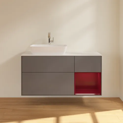 VILLEROY BOCH Toaletní skříňka Finion, s osvětlením, 3 výsuvy, 1200 x 603 x 501 mm, antracitový matný lak / pivoňkový matný lak / bílé matné sklo #F811HBGK, obrázek 3