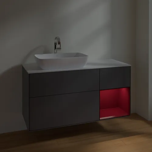 VILLEROY BOCH Toaletní skříňka Finion, s osvětlením, 3 výsuvy, 1200 x 603 x 501 mm, antracitový matný lak / pivoňkový matný lak / bílé matné sklo #F811HBGK, obrázek 5