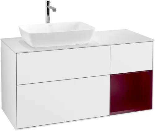 VILLEROY BOCH Toaletní skříňka Finion, s osvětlením, 3 výsuvy, 1200 x 603 x 501 mm, lesklý bílý lak / matný lak Pivoňka / matné bílé sklo #F811HBGF, obrázek 1