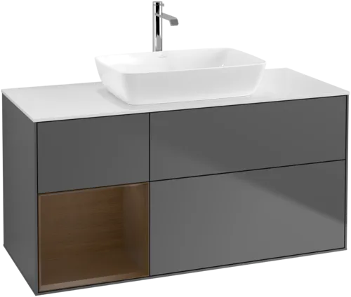 VILLEROY BOCH Toaletní skříňka Finion, s osvětlením, 3 výsuvy, 1200 x 603 x 501 mm, antracit matný lak / ořechová dýha / sklo bílé matné #F821GNGK, obrázek 1