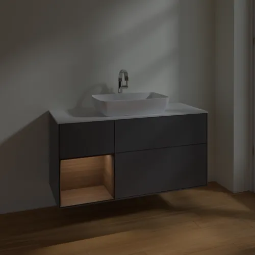 VILLEROY BOCH Toaletní skříňka Finion, s osvětlením, 3 výsuvy, 1200 x 603 x 501 mm, antracit matný lak / ořechová dýha / sklo bílé matné #F821GNGK, obrázek 5