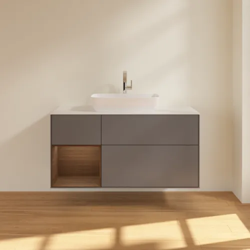 VILLEROY BOCH Toaletní skříňka Finion, s osvětlením, 3 výsuvy, 1200 x 603 x 501 mm, antracit matný lak / ořechová dýha / sklo bílé matné #F821GNGK, obrázek 3