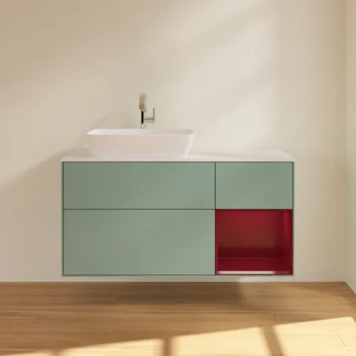 VILLEROY BOCH Toaletní skříňka Finion, s osvětlením, 3 výsuvy, 1200 x 603 x 501 mm, olivový matný lak / pivoňkový matný lak / bílé matné sklo #F811HBGM, obrázek 3