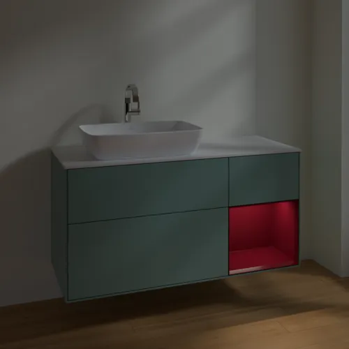 VILLEROY BOCH Toaletní skříňka Finion, s osvětlením, 3 výsuvy, 1200 x 603 x 501 mm, olivový matný lak / pivoňkový matný lak / bílé matné sklo #F811HBGM, obrázek 5