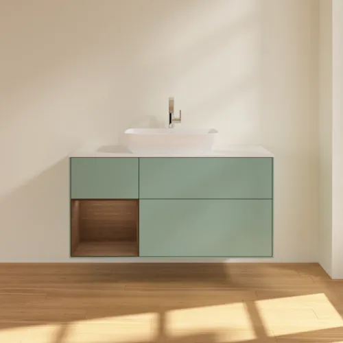 VILLEROY BOCH Toaletní skříňka Finion, s osvětlením, 3 výsuvy, 1200 x 603 x 501 mm, olivový matný lak / ořechová dýha / sklo bílé matné #F821GNGM, obrázek 3