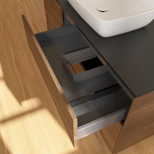 VILLEROY BOCH Toaletní skříňka Finion, s osvětlením, 3 výsuvy, 1200 x 603 x 501 mm, ořechová dýha / ořechová dýha / sklo černé matné #F822GNGN, obrázek 8