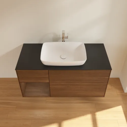 VILLEROY BOCH Toaletní skříňka Finion, s osvětlením, 3 výsuvy, 1200 x 603 x 501 mm, ořechová dýha / ořechová dýha / sklo černé matné #F822GNGN, obrázek 4