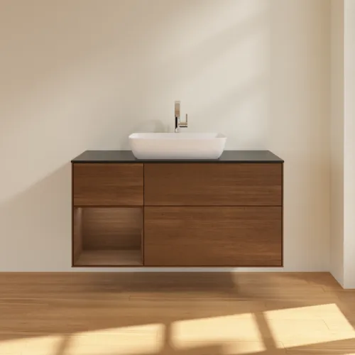 VILLEROY BOCH Toaletní skříňka Finion, s osvětlením, 3 výsuvy, 1200 x 603 x 501 mm, ořechová dýha / ořechová dýha / sklo černé matné #F822GNGN, obrázek 3