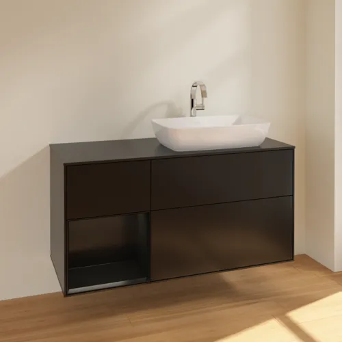VILLEROY BOCH Toaletní skříňka Finion, s osvětlením, 3 výsuvy, 1200 x 603 x 501 mm, černý matný lak / černý matný lak / černé matné sklo #F802PDPD, obrázek 2
