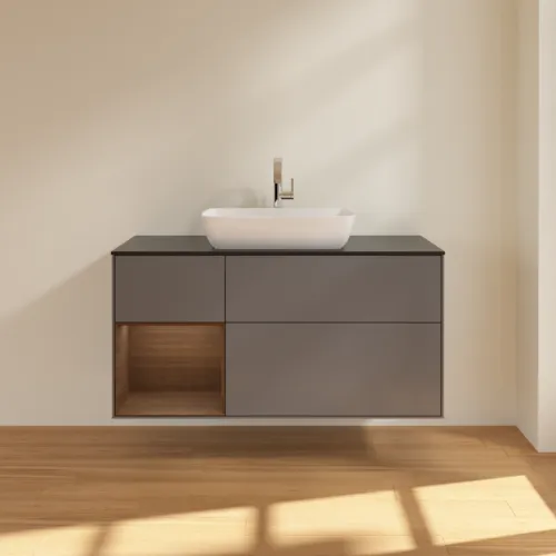 VILLEROY BOCH Toaletní skříňka Finion, s osvětlením, 3 výsuvy, 1200 x 603 x 501 mm, antracitový matný lak / ořechová dýha / černé matné sklo #F822GNGK, obrázek 3