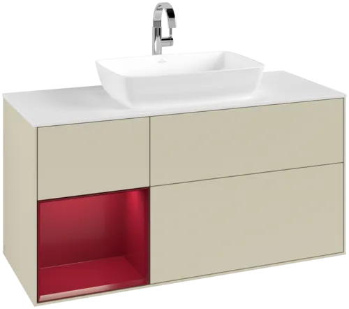 VILLEROY BOCH Toaletní skříňka Finion, s osvětlením, 3 výsuvy, 1200 x 603 x 501 mm, Silk Grey Matt Lacquer / Peony Matt Lacquer / Glass White Matt #F821HBHJ